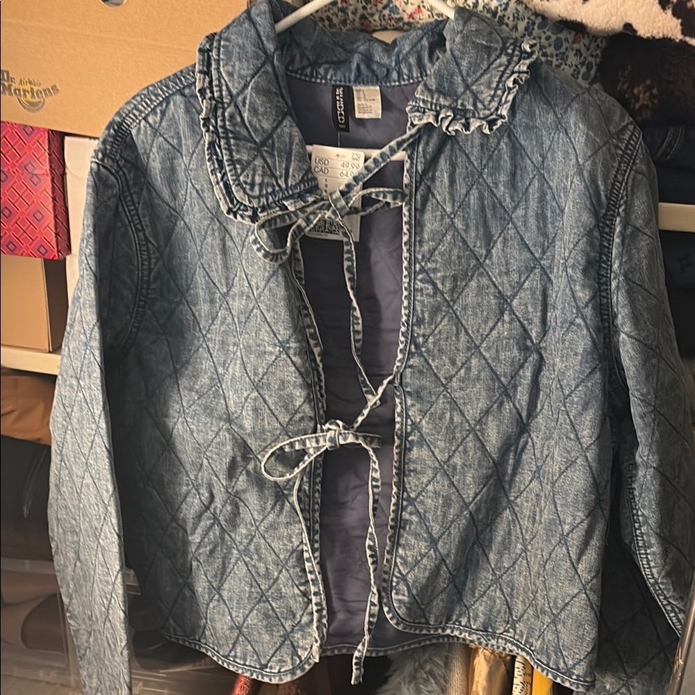 H&M Blue Quilted Trench Coat with Ruffled Trim